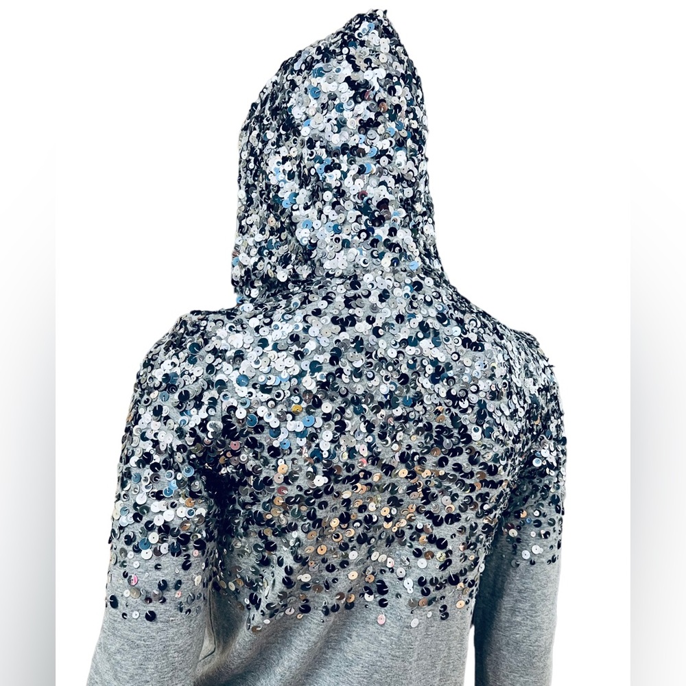 LOVE MOSCHINO METALLIC Sequins Silver Hoodie Size 2 US 96% Cotton 4% Elastane - Picture 8 of 16
